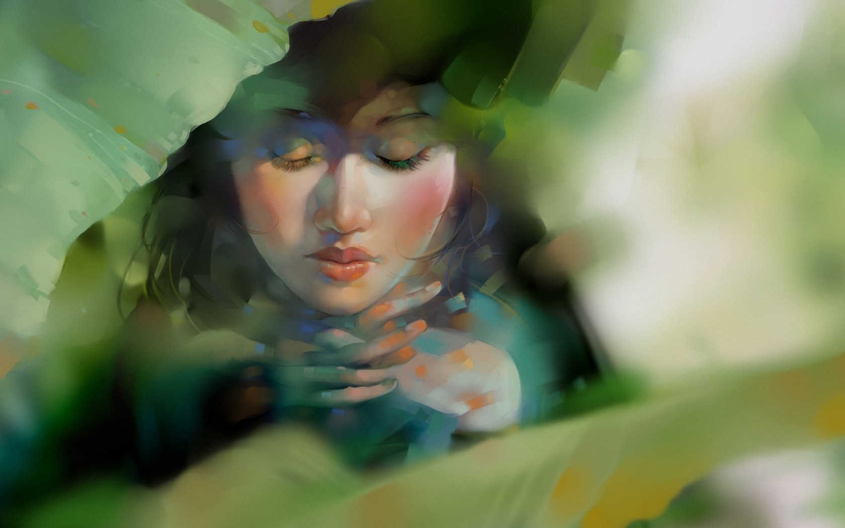 Mysterious-girl-green-art-sleeping-old-forest-princess